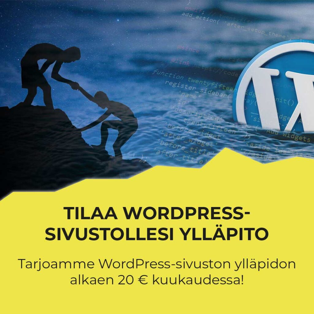 Tilaa WordPress-sivustollesi ylläpito. Tarjoamme WordPress-sivuston ylläpidon alkaen 20 € kuukaudessa! Kaksi henkilöä auttamassa toisiaan sekä WordPress-logo taustalla.