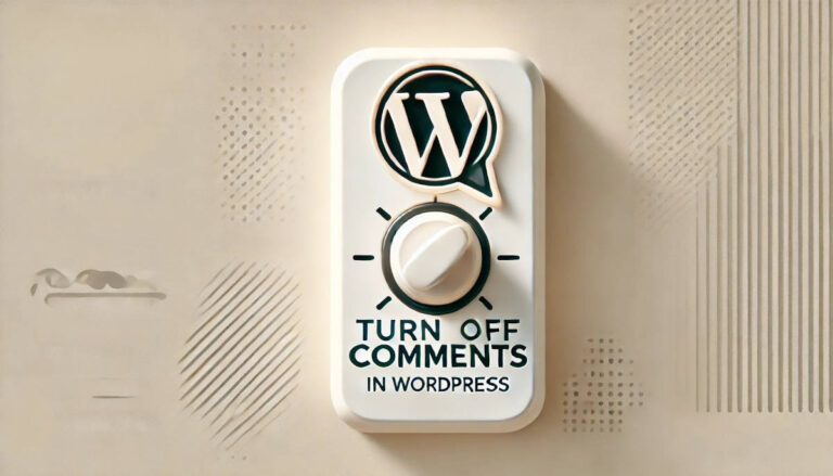 WordPress-logo ja säädin, jonka alla lukee 'Turn off comments in WordPress'. Kuvitus symboloi kommenttien poistamista käytöstä WordPress-sivustolla.