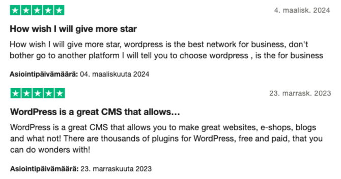 Kaksi asiakaspalautetta Trustpilotissa, joissa kehutaan WordPressin liiketoimintaystävällisyyttä ja laajaa laajennusten valikoimaa.