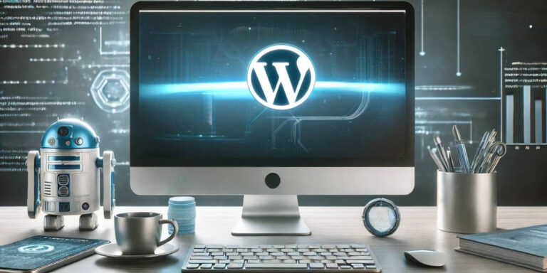 Tietokoneen näyttö, jossa on WordPress-logo, ja pöydällä oleva robottihahmo. Kuvitus symboloi robots.txt-tiedoston käyttöä WordPress-sivustolla.