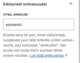 WordPressin lohkon edistyneet ominaisuudet -asetukset, jossa näkyy HTML-ankkuri kenttä täytettynä sanalla esimerkit.