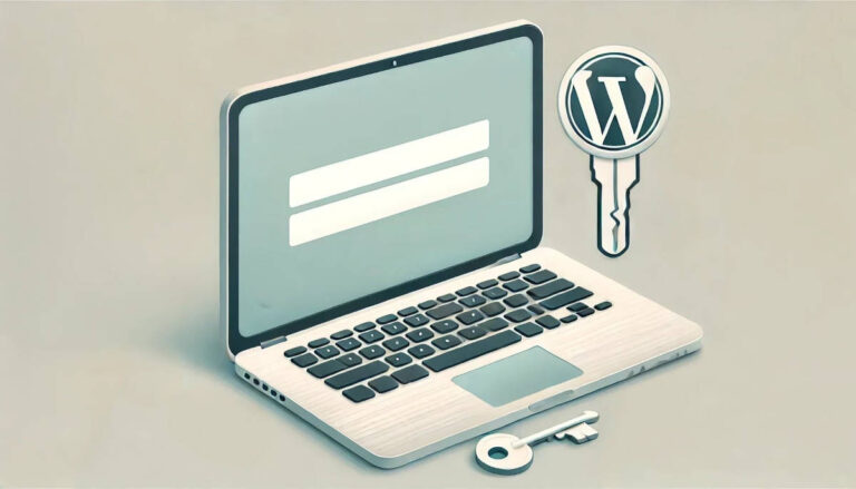 Kannettava tietokone, jossa on kirjautumisruutu ja WordPress-logo avaimen muodossa. Kuvitus symboloi WordPress-sivustoon kirjautumista ja tietoturvaa.