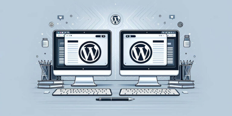 Kaksi tietokoneen näyttöä, joissa molemmissa näkyy WordPress-logo. Kuvitus symboloi duplikaattisisältöä ja sen hallintaa WordPress-sivustolla.